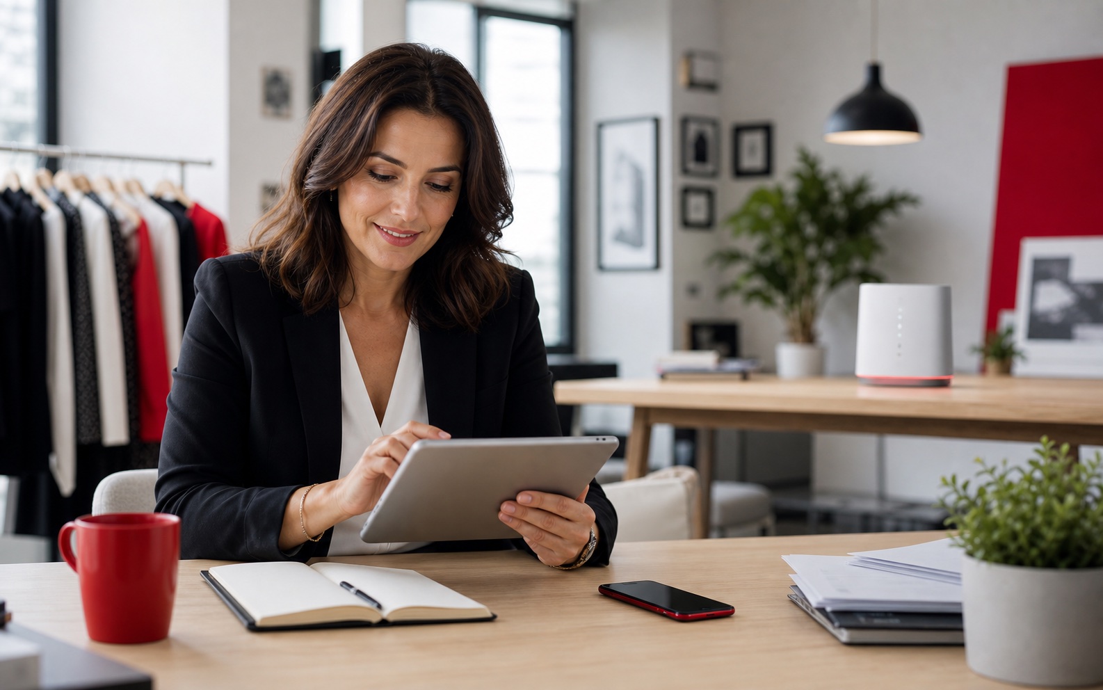Professionnelle pilotant ses services télécom depuis son bureau