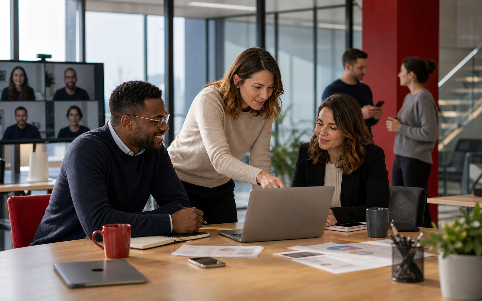 Équipe professionnelle diverse accompagnée sur ses outils collaboratifs